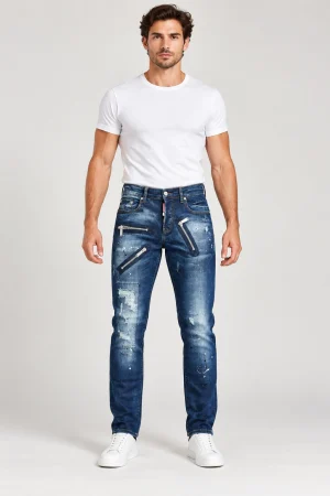 Мъжки сини дънки DSQUARED2 с три декоративни ципа — върху модел
